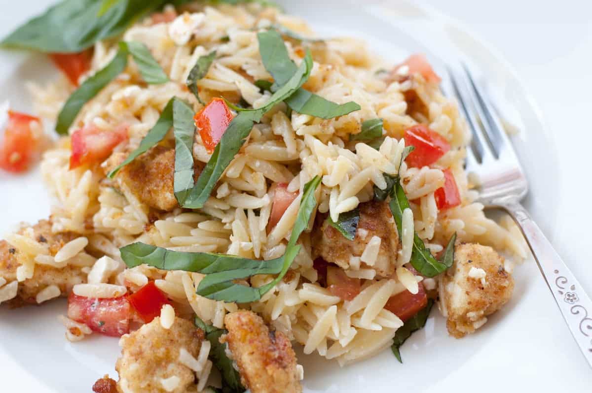Homemade Chicken Nuggets with Tomatoes, Basil, and Orzo Pasta