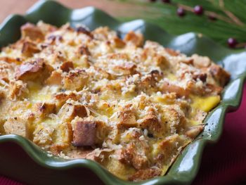 Breakfast Strata with sausage, artichoke hearts, and feta