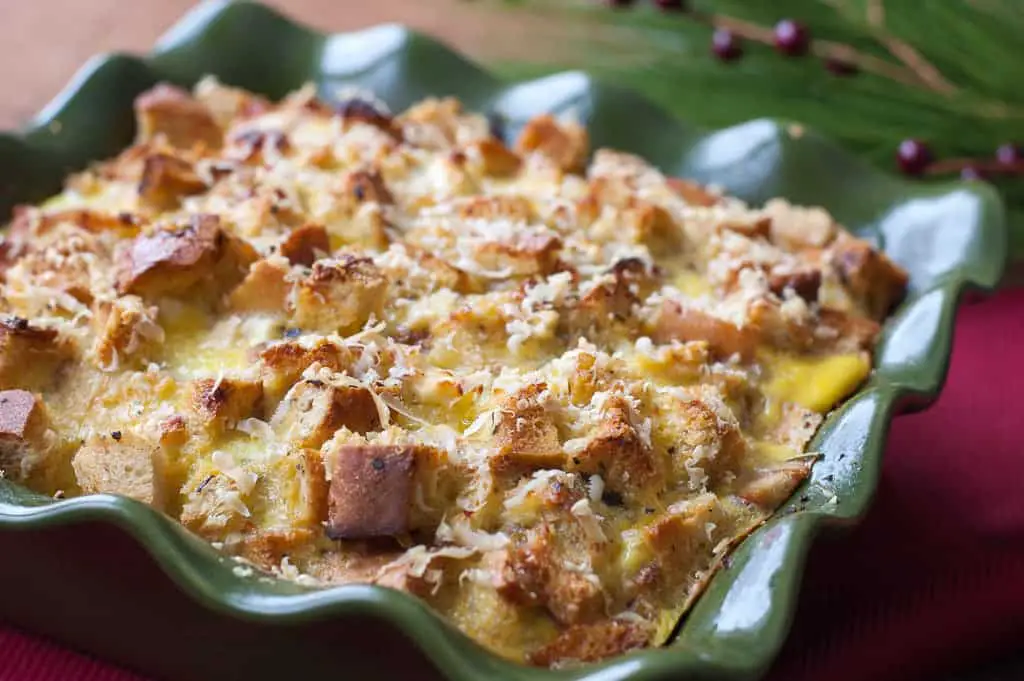 Breakfast Strata with sausage, artichoke hearts, and feta