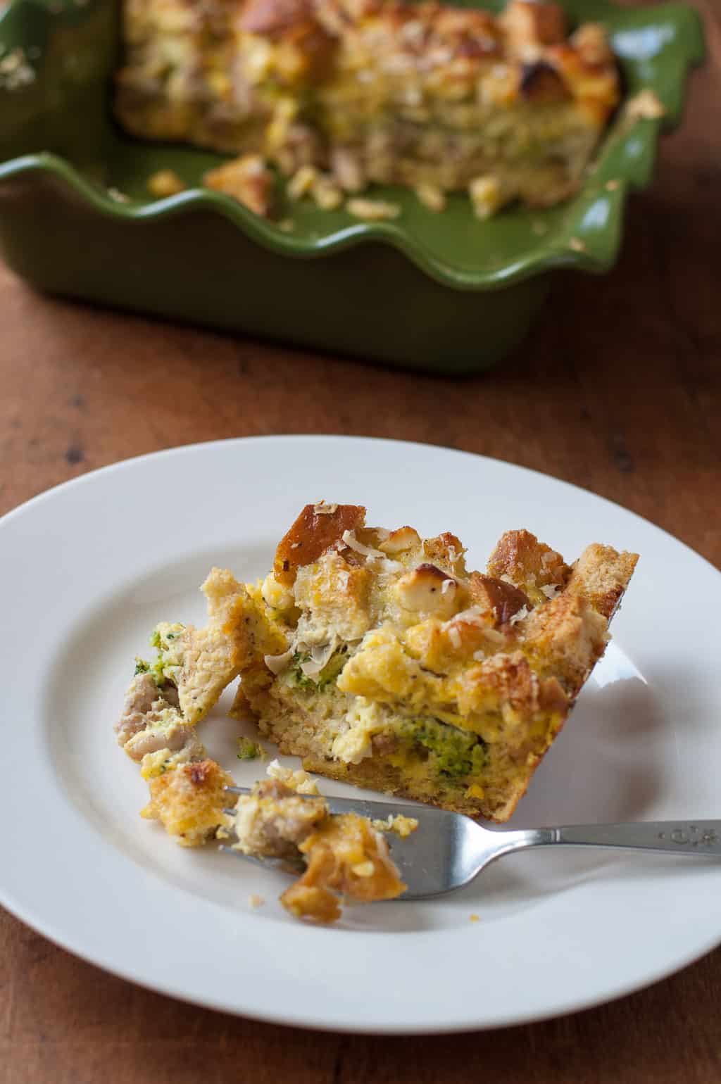 Breakfast Strata with sausage, artichoke hearts, and feta