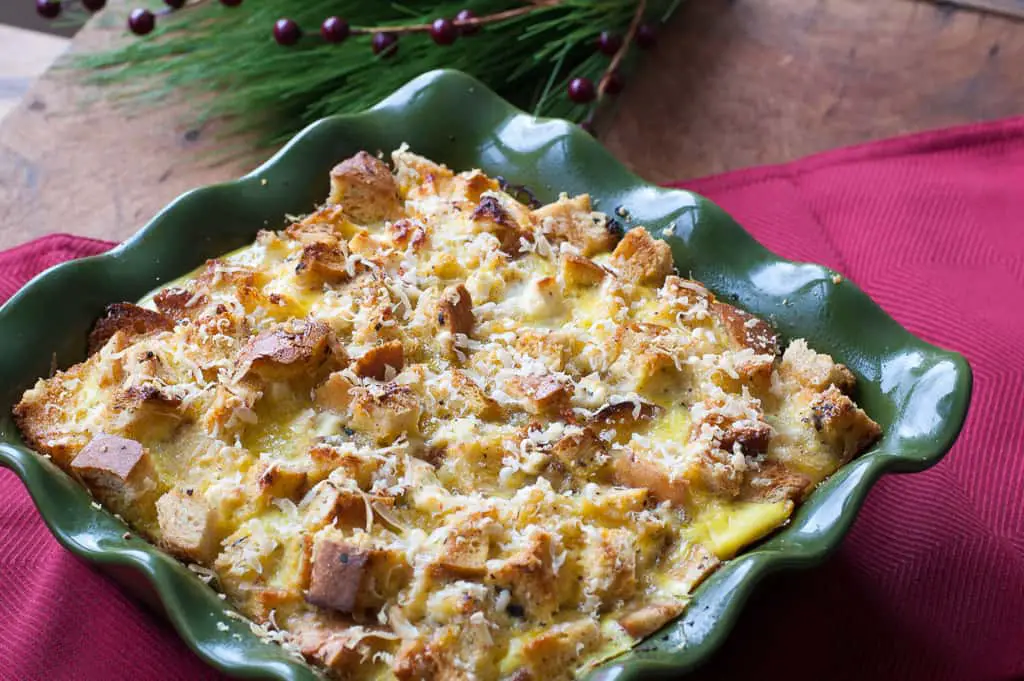 Breakfast Strata with sausage, artichoke hearts, and feta