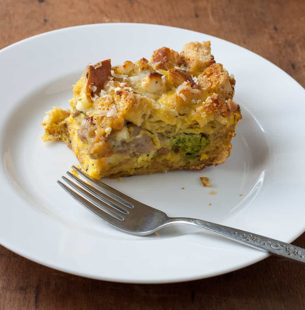 Breakfast Strata with sausage, artichoke hearts, and feta