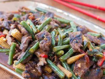 Tangerine Beef Stir Fry with green beans, baby corn, and sweet red peppers