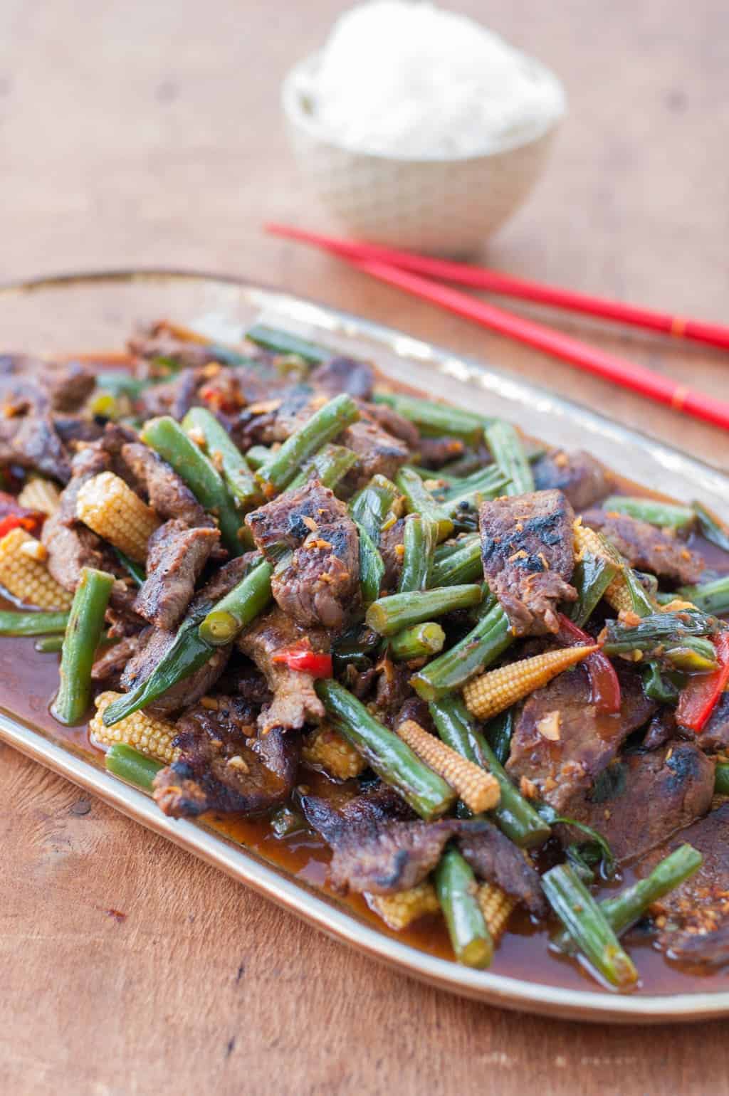 Tangerine Beef Stir Fry with green beans, baby corn, and sweet red peppers