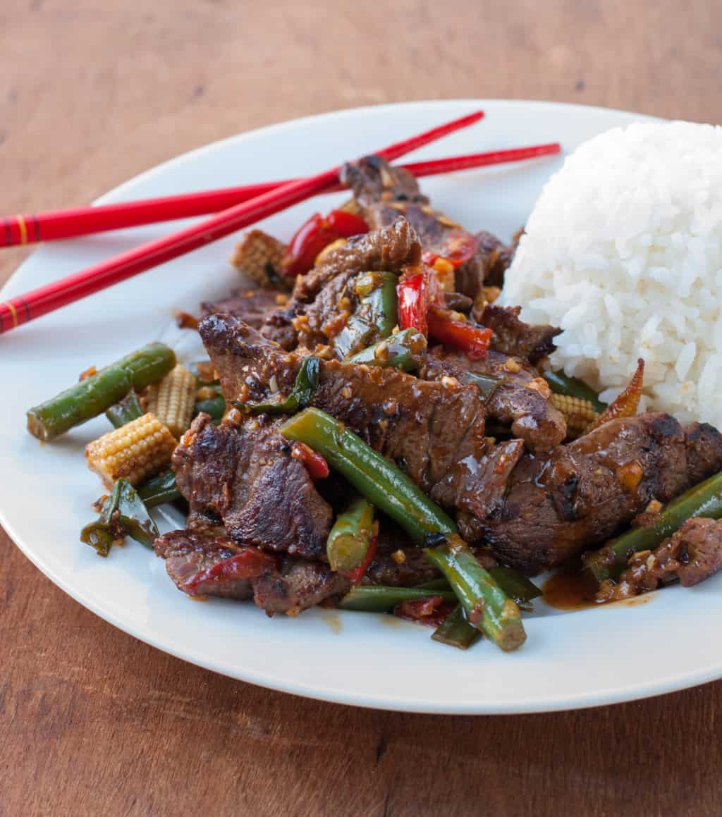 Tangerine Beef Stir Fry with green beans, baby corn, and sweet red peppers