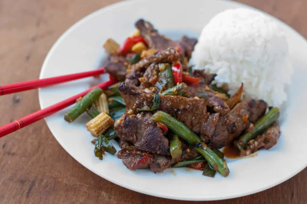 Tangerine Beef Stir Fry with green beans, baby corn, and sweet red peppers