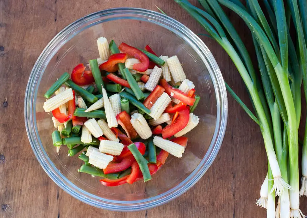 Tangerine Beef Stir Fry with green beans, baby corn, and sweet red peppers