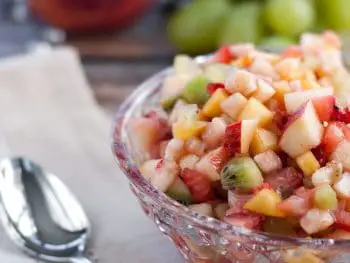 This fruit salad is chopped in small pieces for that perfect bite of fruit flavor! #vegetarian #sides #recipes
