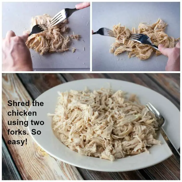 Collage of steps showing 2 silver forks pulling apart chicken to make it into shredded chicken and text that says Shred the chicken using two forks - so easy!