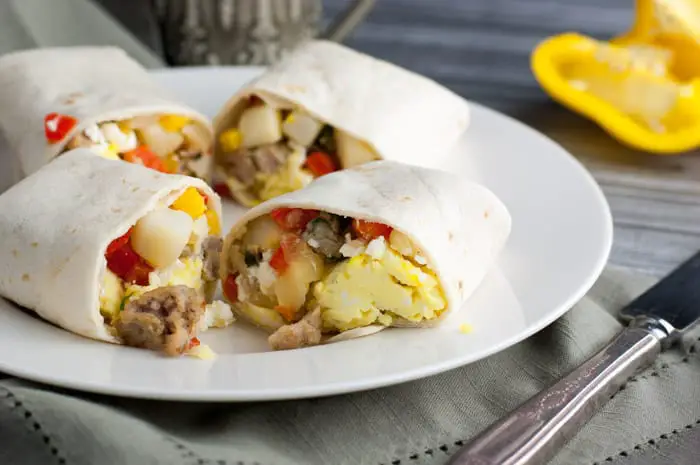 The ultimate 2 minute breakfast - Freezer Breakfast Burritos with chicken sausage, peppers, and feta - ready to eat in 2 minutes!