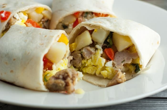 The ultimate 2 minute breakfast - Freezer Breakfast Burritos with chicken sausage, peppers, and feta - ready to eat in 2 minutes!