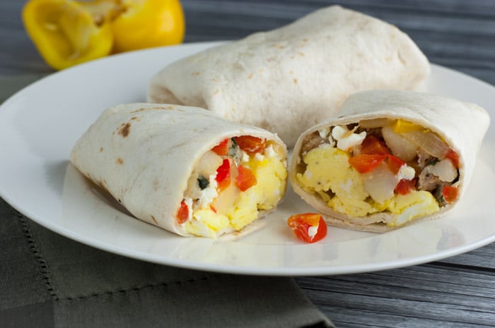 The ultimate 2 minute breakfast - Freezer Breakfast Burritos with chicken sausage, peppers, and feta - ready to eat in 2 minutes!