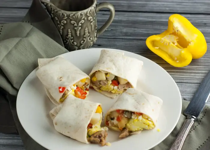 The ultimate 2 minute breakfast - Freezer Breakfast Burritos with chicken sausage, peppers, and feta - ready to eat in 2 minutes!