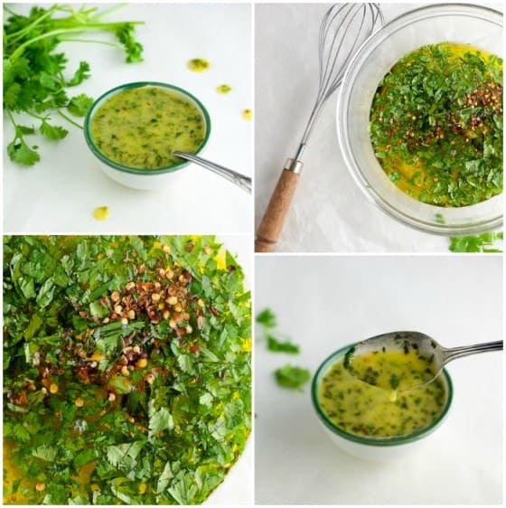 Collage of various photos showing the ingredients for honey lime cilantro sauce before it's mixed and after it's mixed