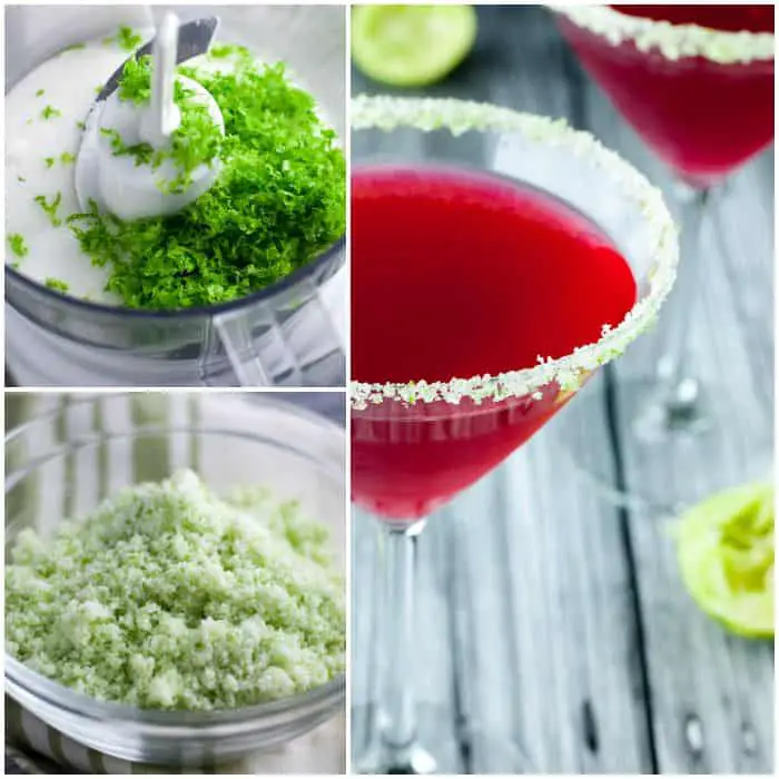 Collage of vodka cranberry cocktail in a martini glass, bowl of lime zest and sugar, and mixer with lime zest and sugar