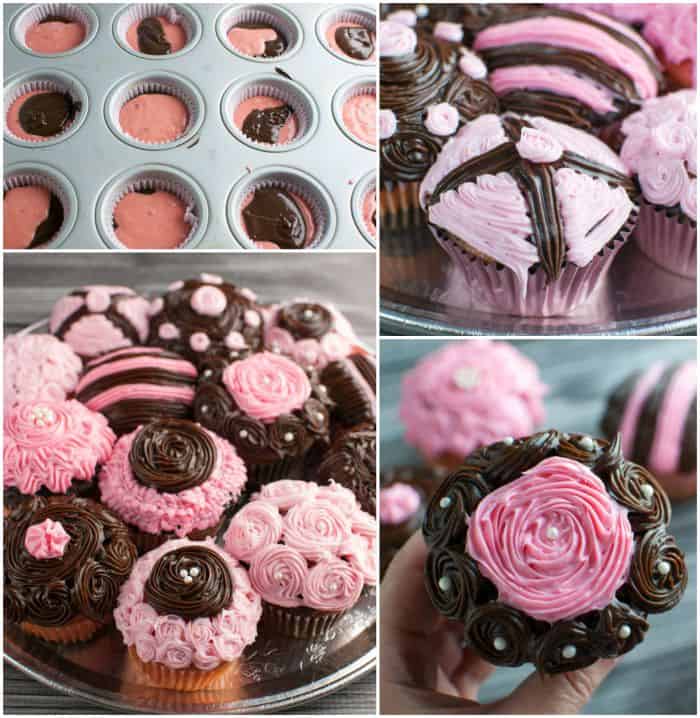 Collage showing cupcake batter in pan and finished cupcakes with pretty pink and chocolate frosting decorations