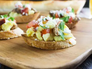 Breakfast Bruschetta is perfect for a brunch or a large gathering where people can add their own toppings