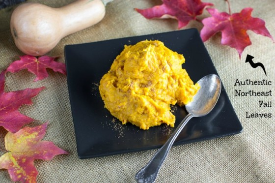 Top view of a pile of mashed butternut squash on a black plate with a silver spoon and some fall leaves on the table