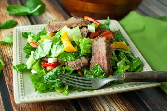Poor Man's Steak Salad with sauteed bell peppers with red wine vinaigrette - a perfect recipe for a sugar free diet or if you're doing the Fed Up Challenge