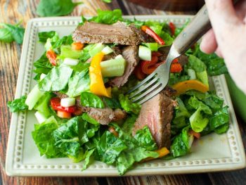 Poor Man's Steak Salad with sauteed bell peppers with red wine vinaigrette - a perfect recipe for a sugar free diet or if you're doing the Fed Up Challenge