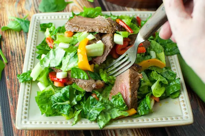 Poor Man's Steak Salad with sauteed bell peppers with red wine vinaigrette - a perfect recipe for a sugar free diet or if you're doing the Fed Up Challenge