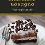 slice of layered chocolate desert on white plate with fork and text that says Easy Chocolate Lasagna