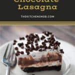 slice of layered chocolate desert on white plate with fork and text that says Easy Chocolate Lasagna