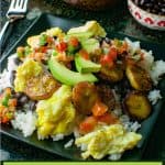 Rice, scrambled eggs, black beans, salsa, avocados, and plantains piled high on a black square plate with a bowl of salsa and sliced avocados in the background