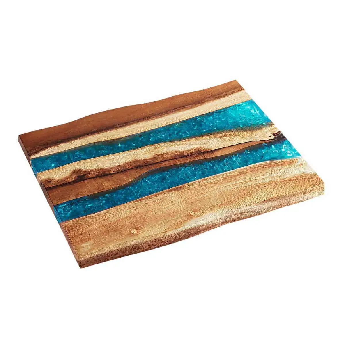 Wooden cheese board with turquoise stripes