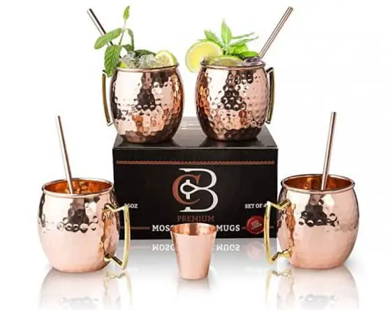 set of 4 copper mugs with a copper shot glass for Moscow Mules