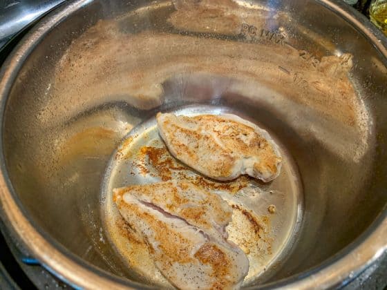 Two seared chicken breasts at the bottom of an Instant Pot