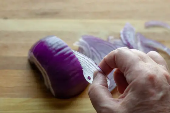 hand holding sliced red onions to show how thinly to slice them for salsa criolla