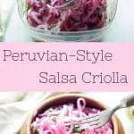Marinated red onions being stirred in a Tupperware and finished salsa criolla in a wooden bowl